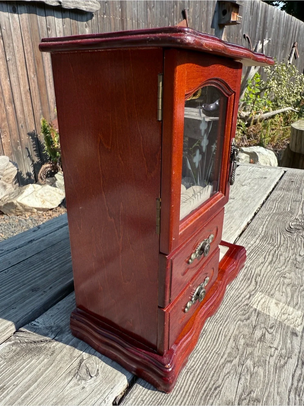 Mahogany Red Wooden Jewelry Armoire Cabinet with Etched Glass